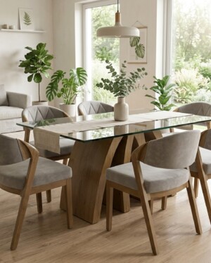 Comedor Moderno Naturaleza Urbana (Mesa de Cristal y Madera + 6 Sillas)