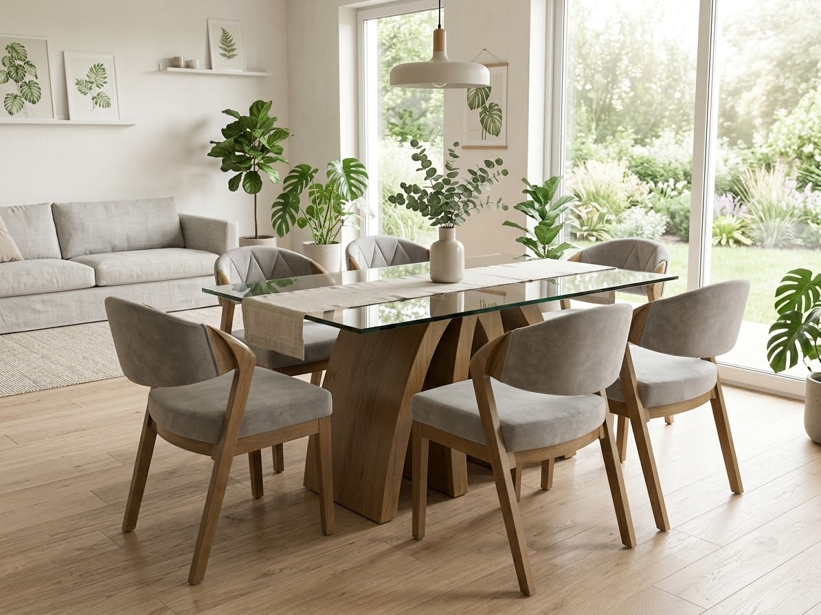 Comedor Moderno Naturaleza Urbana (Mesa de Cristal y Madera + 6 Sillas)