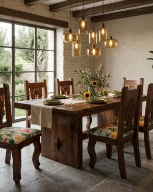 Comedor Rústico Colonial en Madera Maciza con Sillas Egipcias talla