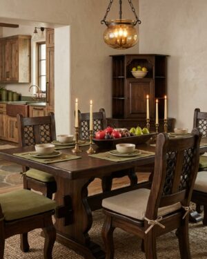 Comedor Rústico Colonial en Madera Maciza con Sillas Egipcias y Hierro Forjado