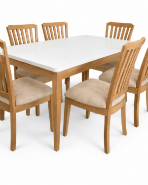 Comedor Milán 6 Puestos en Madera Maciza con Cubierta Blanca Tipo Mármol