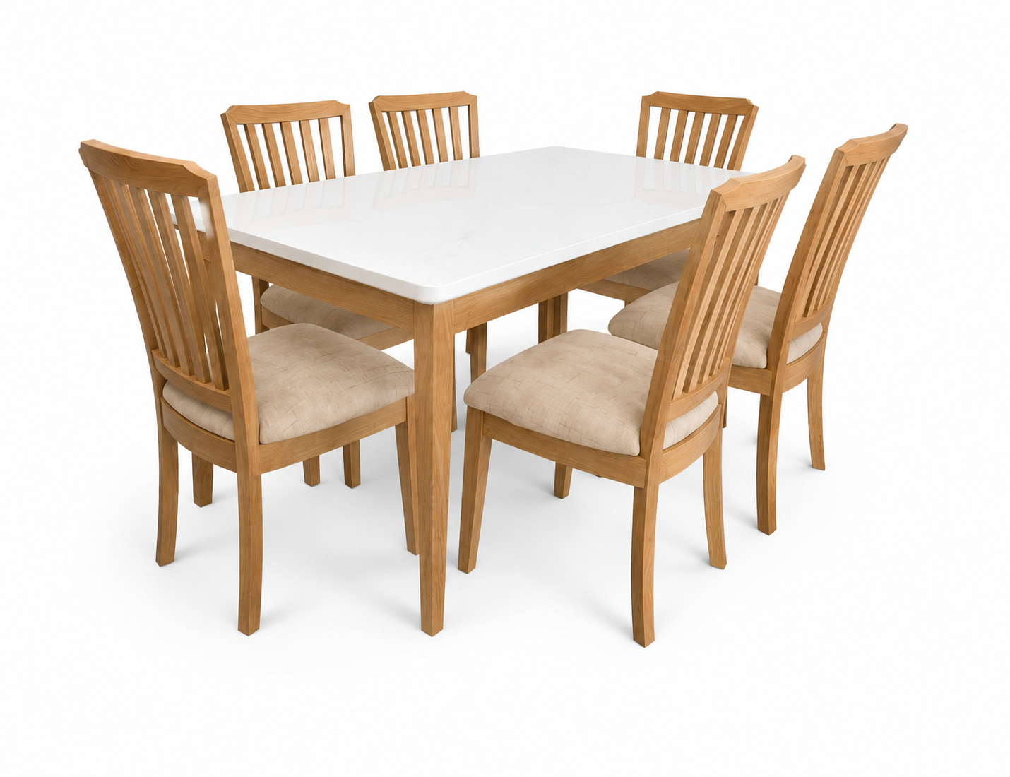 Comedor Milán 6 Puestos en Madera Maciza con Cubierta Blanca Tipo Mármol