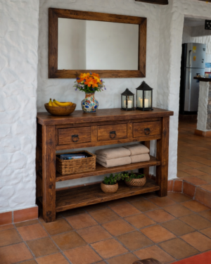 Consola Rústica en madera maciza con espejo artesanal