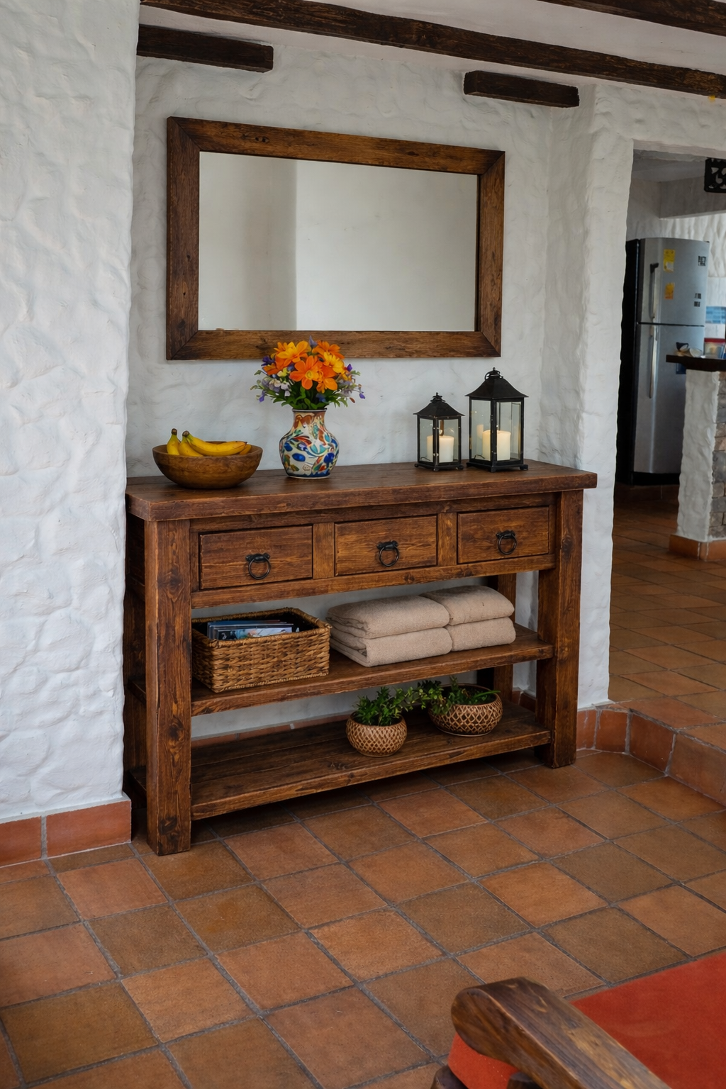 Consola Rústica en madera maciza con espejo artesanal