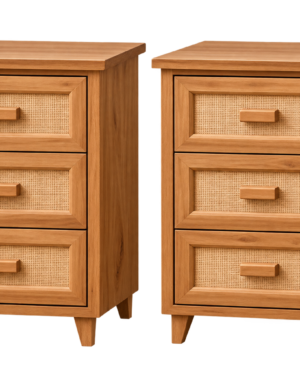 Kits Mesas de Noche en Madera Maciza con Tejido Natural – 3 Cajones