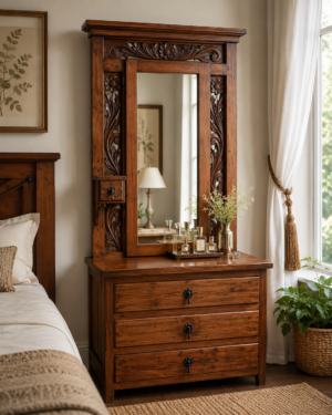 Peinador Perfumero Colonial Tallado en Madera Maciza con Espejo | Tapiz & Madera